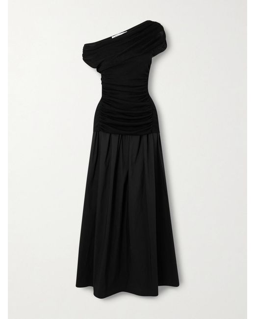 Self-Portrait Black Off-The-Shoulder Draped Knitted And Cotton Midi Dress