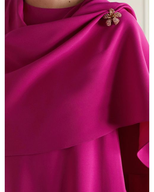 Oscar de la Renta Pink Cape-Effect Embellished Silk-Blend Gown