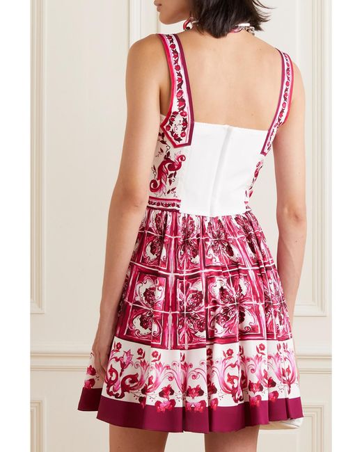 Dolce & Gabbana Red Maiolica Pleated Printed Stretch Silk-Blend Mini Dress