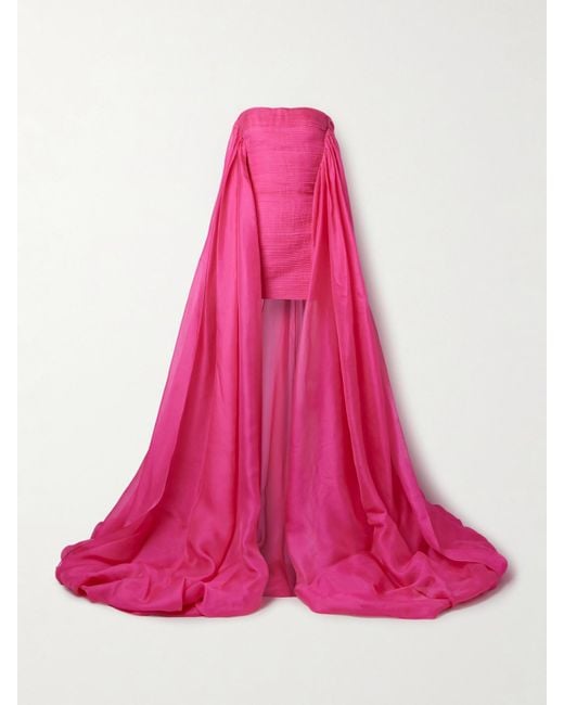 Carolina Herrera Pink Strapless Cape-Effect Pintucked Silk-Crepe And Organza Mini Dress