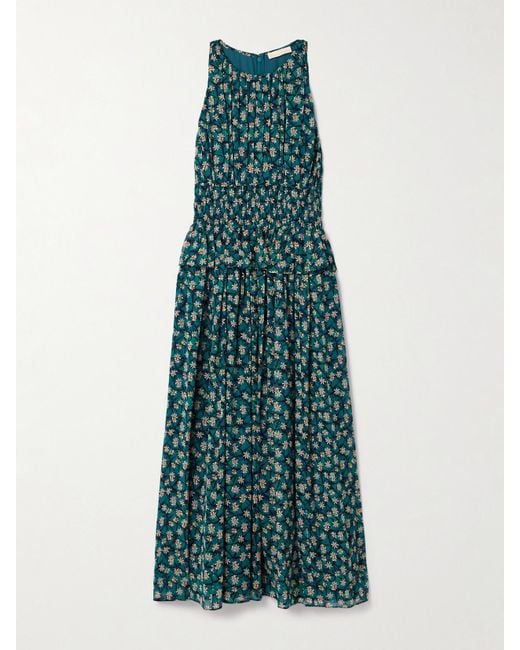 Robe Midi En Crêpe De Chine De Soie À Imprimé Fleuri Et À Smocks Adeline Ulla Johnson en coloris Green