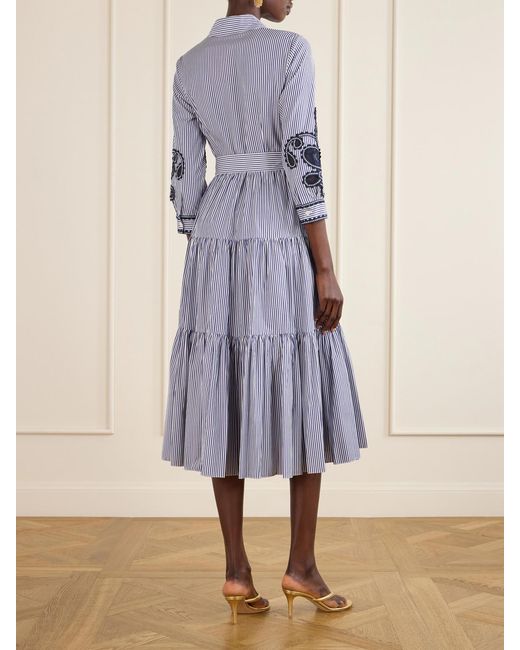 Carolina Herrera Blue Belted Tiered Embroidered Striped Cotton-Poplin Midi Dress