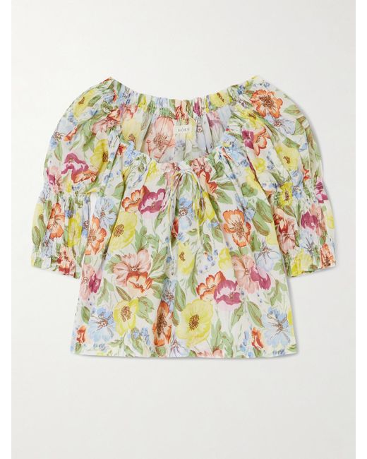 Doen White Inez Gathered Floral-Print Organic Cotton-Voile Blouse