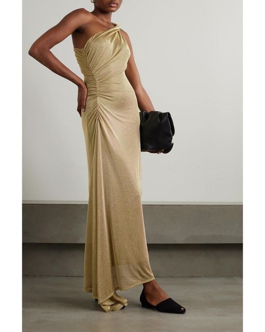 TOVE Natural Vivien One-Shoulder Ruched Metallic Knitted Maxi Dress