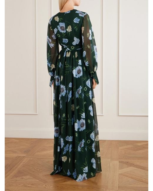 Erdem Green Floral-Printed Silk-Voile Gown