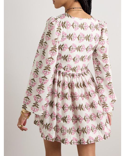Alix Of Bohemia Natural Silvie Minikleid Aus Baumwoll-Voile Mit Blumenprint Und Raffungen