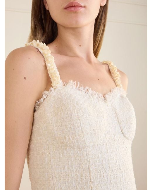 Balmain Natural Embellished Pleated Tweed Mini Dress