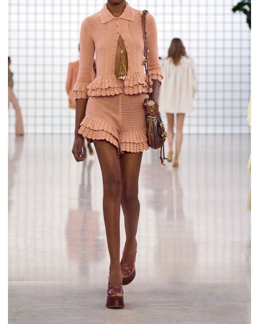 Chloé Natural Shorts Aus Gehäkelter Baumwolle Mit Volants