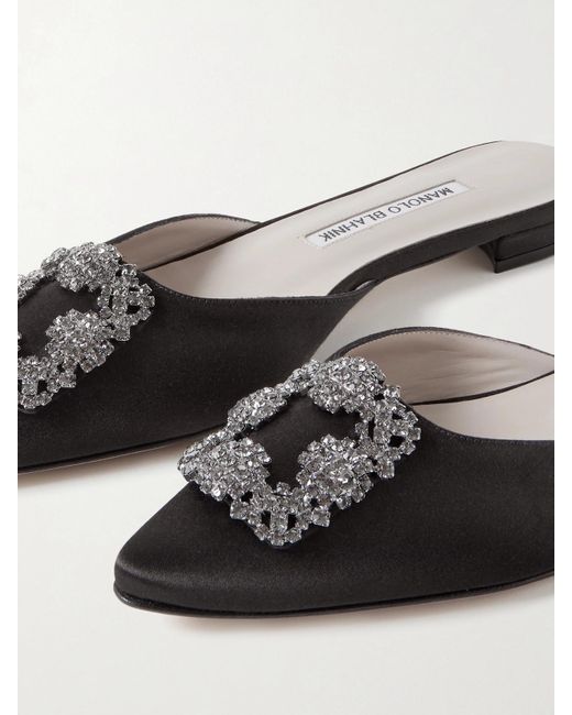 Manolo Blahnik White Hangisi Crystal-Embellished Satin Slippers
