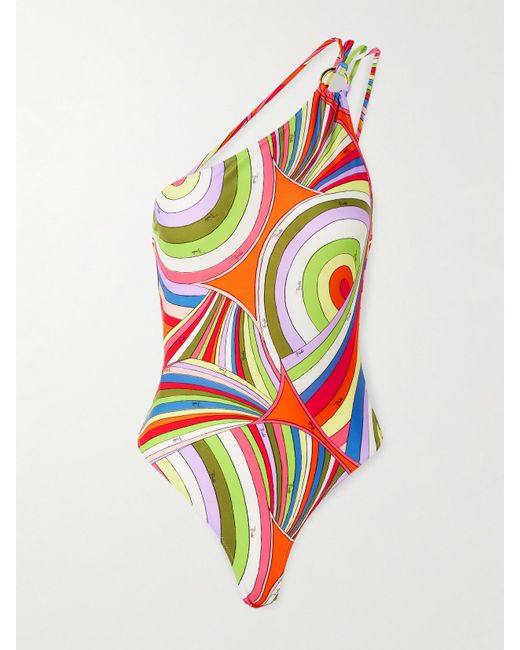 Emilio Pucci White One-Shoulder Embellished Printed Swimsuit