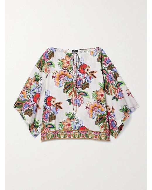 Etro White Tie-Detailed Floral-Print Cotton And Silk-Blend Voile Blouse