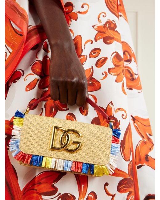 Dolce & Gabbana Blue 3.5 Logo-Embellished Fringed Leather-Trimmed Raffia Shoulder Bag