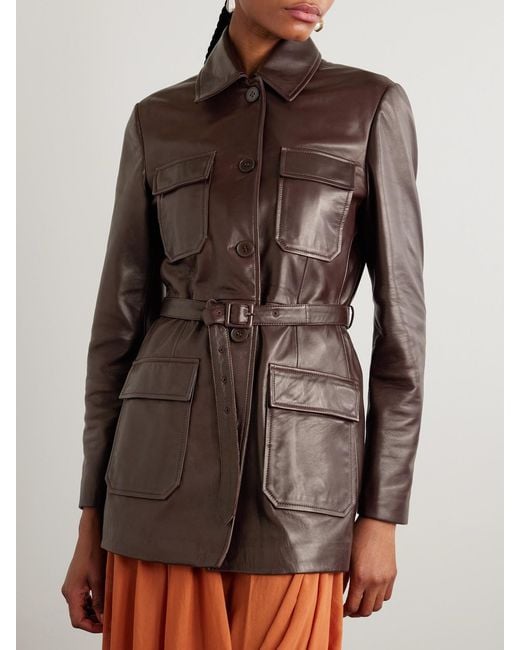 Nour Hammour Brown Ramona Belted Paneled Leather Jacket