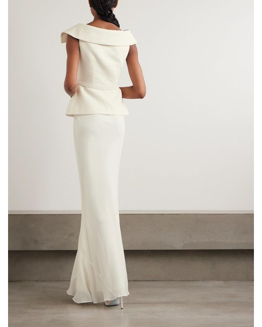 Self-Portrait White Off-The-Shoulder Belted Metallic Bouclé And Crepe Maxi Dress