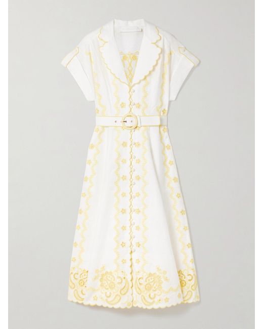 Zimmermann Natural Lucky Midi-Hemdblusenkleid Aus Leinen Mit Lochstickerei Und Gürtel