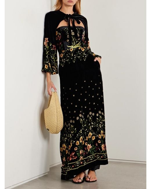 Agua Bendita Black Alamo Paramo Cutout Floral-Print Velvet Maxi Dress