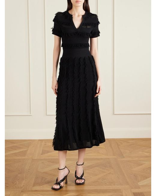 Max Mara Black Grazia Fringed Knitted Midi Dress