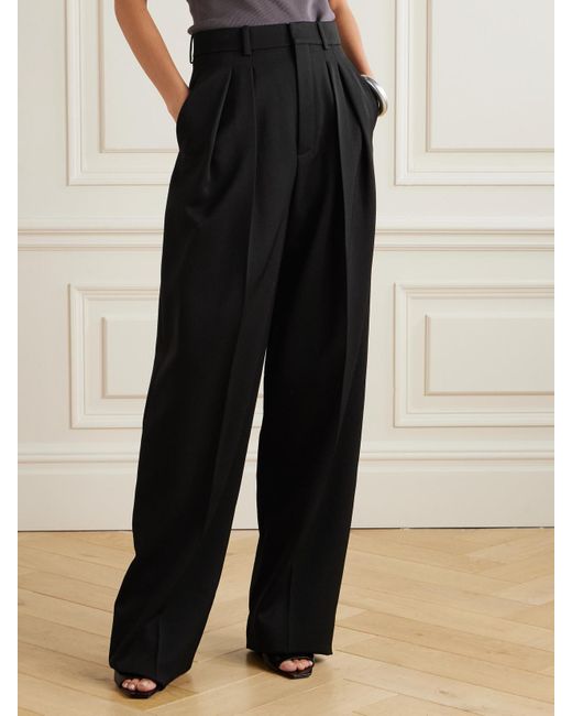 Saint Laurent Black Pleated Wool Wide-Leg Pants