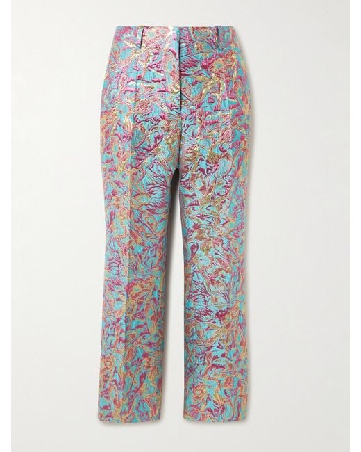 Dries Van Noten Blue Cropped Metallic Jacquard Straight-Leg Pants