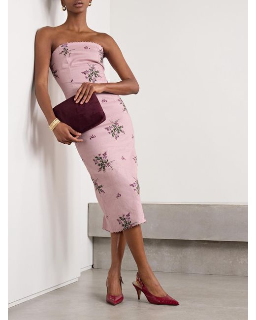 Agua Bendita Pink Armonía Wisteria Strapless Bead-Embellished Embroidered Linen Midi Dress