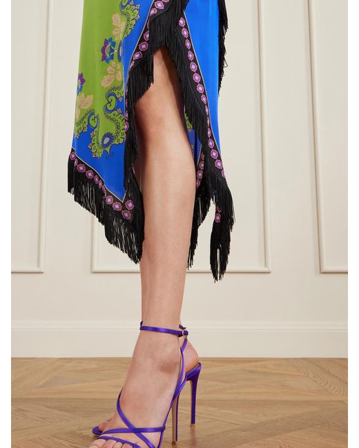LaDoubleJ Green Fringed Asymmetric Printed Silk Midi Dress