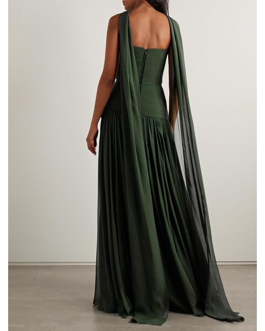 Elie Saab Green Scarf-Detailed Pintucked Silk Crepe De Chine Gown