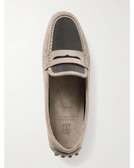 Brunello Cucinelli Natural Loafers Aus Veloursleder Mit Zierperlen