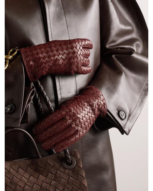 Bottega Veneta Red Intrecciato Leather Gloves