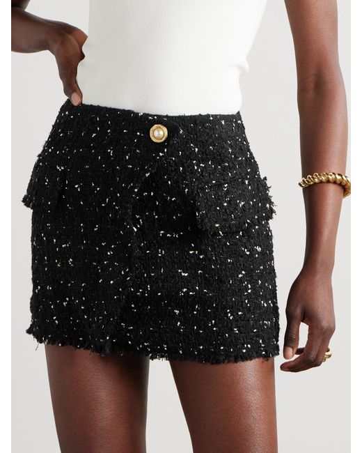 Mini-Jupe Effet Portefeuille En Tweed Effilé À Sequins Balmain en coloris Black