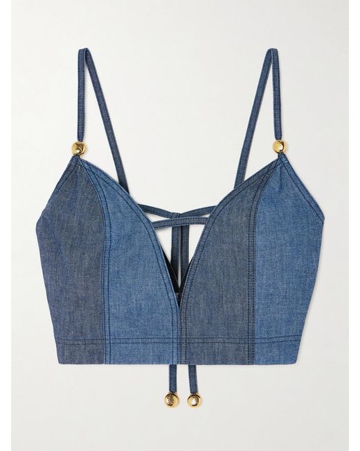Loewe Blue Paula's Ibiza Cropped Cutout Embellished Denim Bustier Top