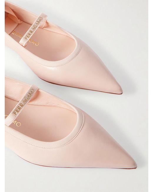 Ferragamo Pink Carice Satin-Trimmed Leather Ballet Flats