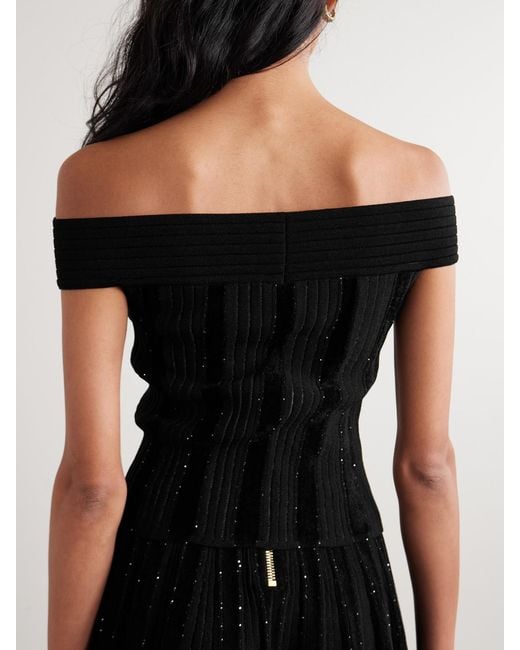 Balmain Black Off-The-Shoulder Glittered Velvet And Ribbed-Knit Top