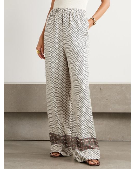 Loro Piana White Valerio Printed Silk-Twill Wide-Leg Pants