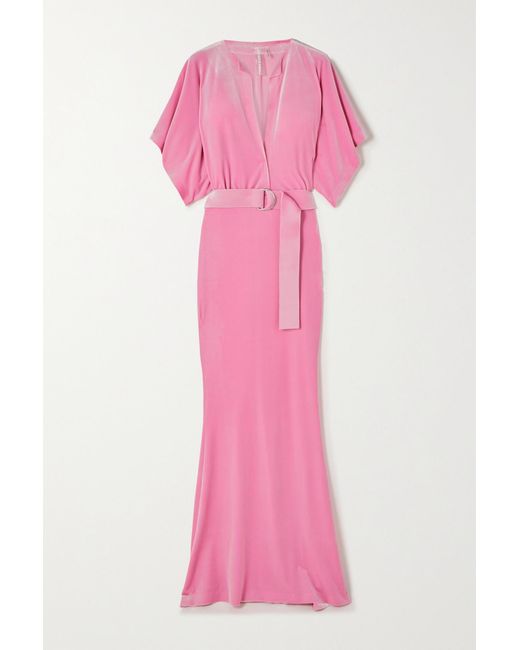 Norma Kamali Obie Belted Stretch-velvet Maxi Dress in Pink | Lyst