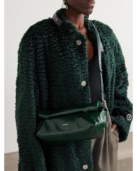Jil Sander Green Small Glossed Crinkled-Leather Shoulder Bag