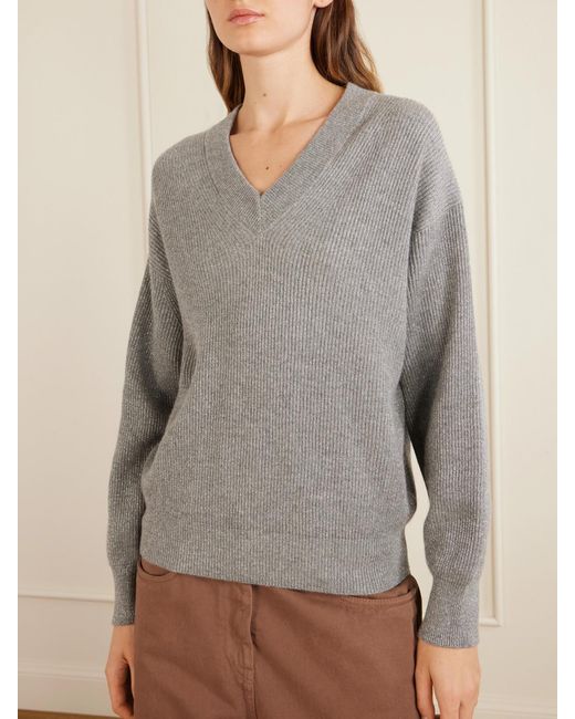 Brunello Cucinelli Gray Ribbed-Knit Metallic Cashmere-Blend Sweater