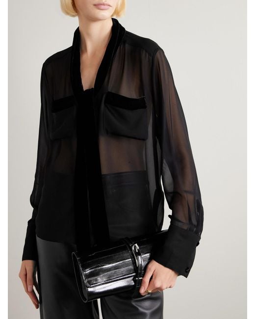 FRAME Black Pussy-Bow Velvet-Trimmed Silk-Chiffon Blouse