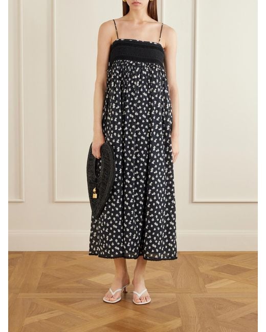 Posse White Danielle Floral-Print Lace-Trimmed Cotton Maxi Dress