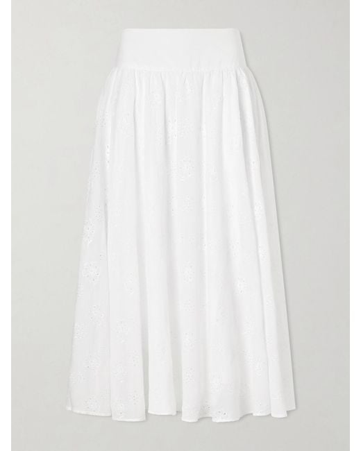 Thierry Colson White Pamela Pleated Broderie Anglaise Cotton Midi Skirt