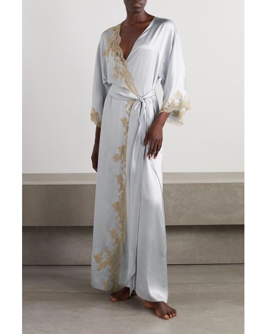 Carine Gilson Belted Lace-trimmed Silk-satin Robe in White