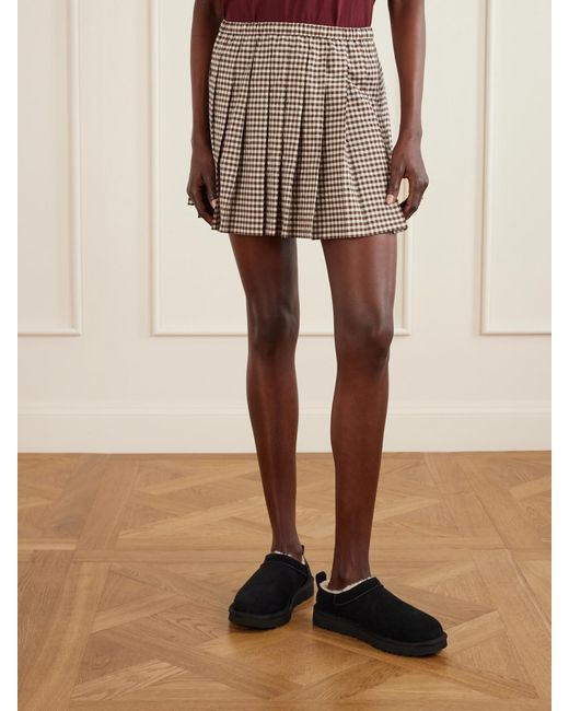 Moncler Brown Appliquéd Pleated Gingham Cotton-Blend Mini Skirt