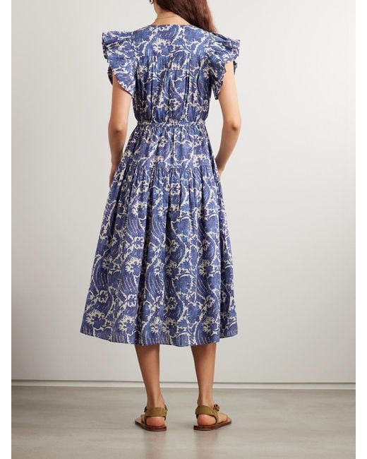 Robe Midi En Coton Mélangé À Imprimé Fleuri Et À Volants Kairi Ulla Johnson en coloris Blue