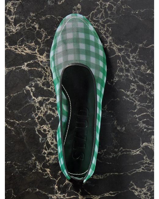 Staud Green Alba Leather-Trimmed Gingham Mesh Ballet Flats