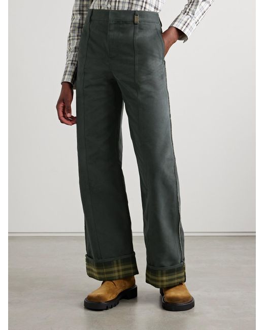 Burberry Gray Checked Twill-Trimmed Brushed Cotton-Blend Wide-Leg Pants