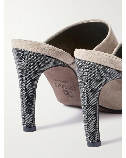 Brunello Cucinelli White 80 Bead-Embellished Suede Mules