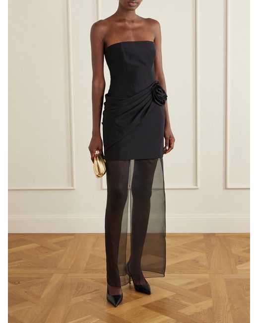 Carolina Herrera Black Strapless Pleated Appliquéd Organza-Trimmed Silk-Faille Gown