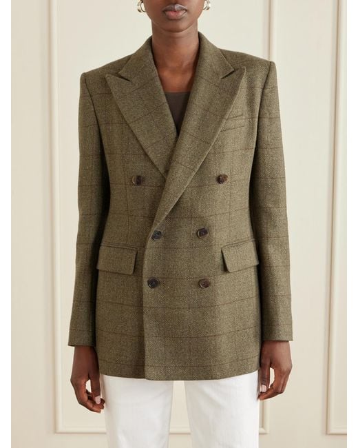 Ralph Lauren Green Ramona Double-Breasted Windowpane Linen, Cashmere And Silk-Blend Blazer