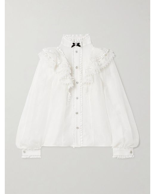 Zimmermann White Crush Crystal-Embellished Guipure Lace-Trimmed Ruffled Linen And Silk-Blend Organza Shirt