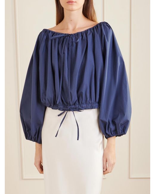 BERNADETTE Blue Ally Off-The-Shoulder Cropped Cotton-Blend Blouse