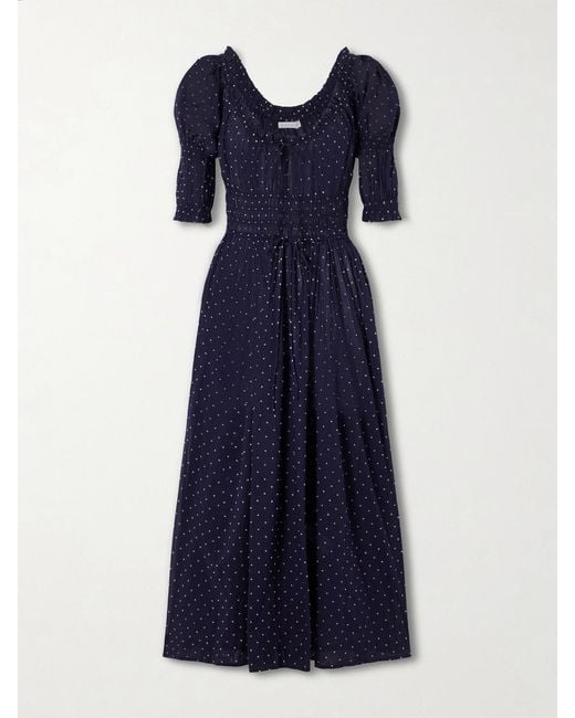 Doen Blue Ischia Shirred Polka-Dot Organic Cotton-Voile Midi Dress